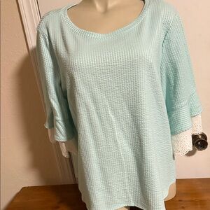 Elle Mint Waffle Knit Top with Eyelet Ruffle Sleeves